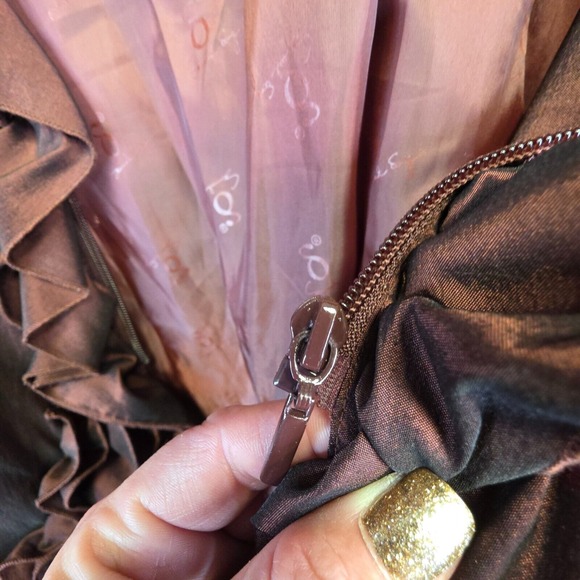 Samuel Dong Coat Women L Brown Metallic Ruffle Steampunk Satin Gothic Vintage - Picture 9 of 16